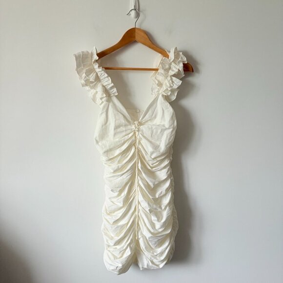Zara Draped Linen Blend Ruched Mini Dress Ecru White Size Small - Picture 6 of 10